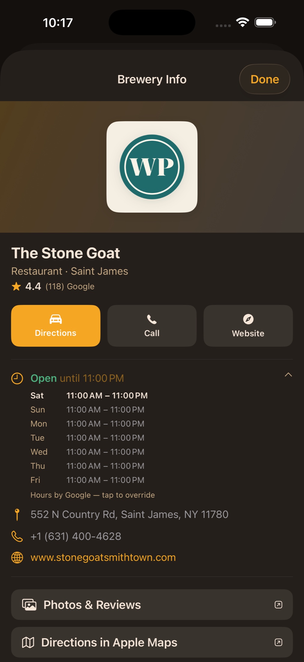 A brewery info card in Pintly Passport: The Stone Goat with a 4.4-star crowd rating, buttons for directions, calling, and the brewery's website, and a green Open until 11:00 PM notice above the full week's opening hours.