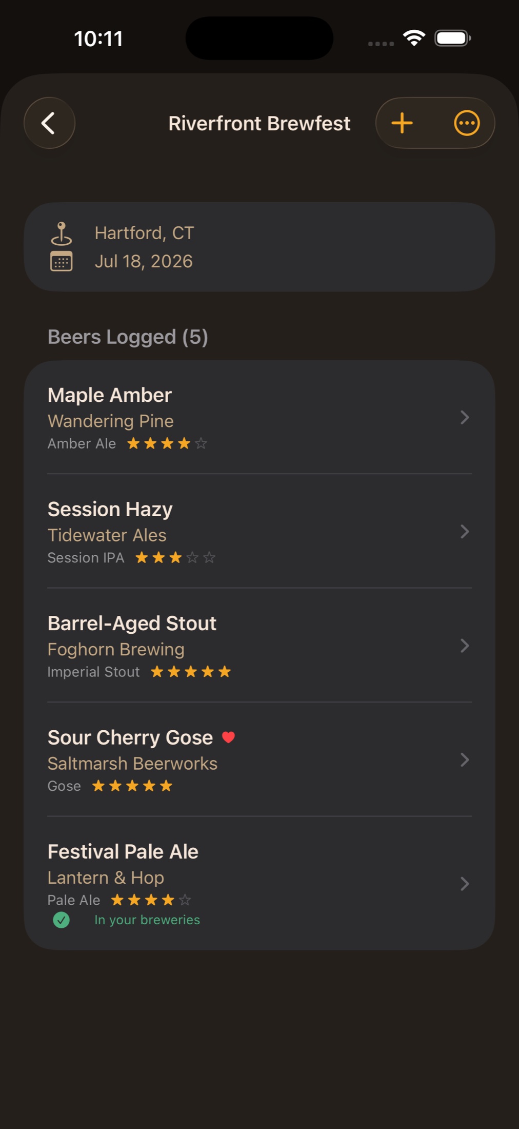 The Riverfront Brewfest in Hartford, Connecticut, with five beers logged — each showing its brewery, style, and star rating, one marked a favorite and one flagged as already in your breweries.