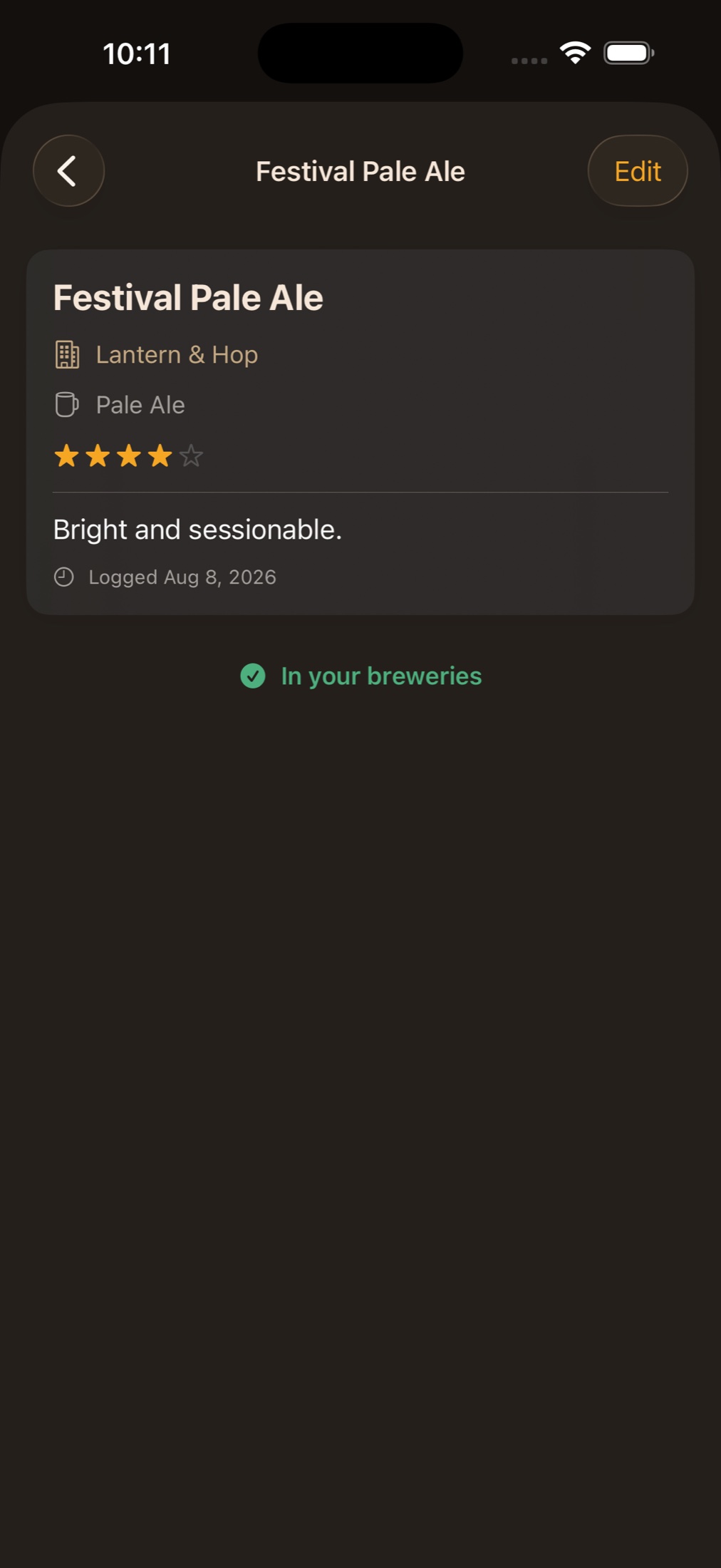 A single festival tasting in Pintly Passport: Festival Pale Ale by Lantern & Hop, four stars, with the note 'Bright and sessionable.' and a green mark showing the brewery is already in your collection.