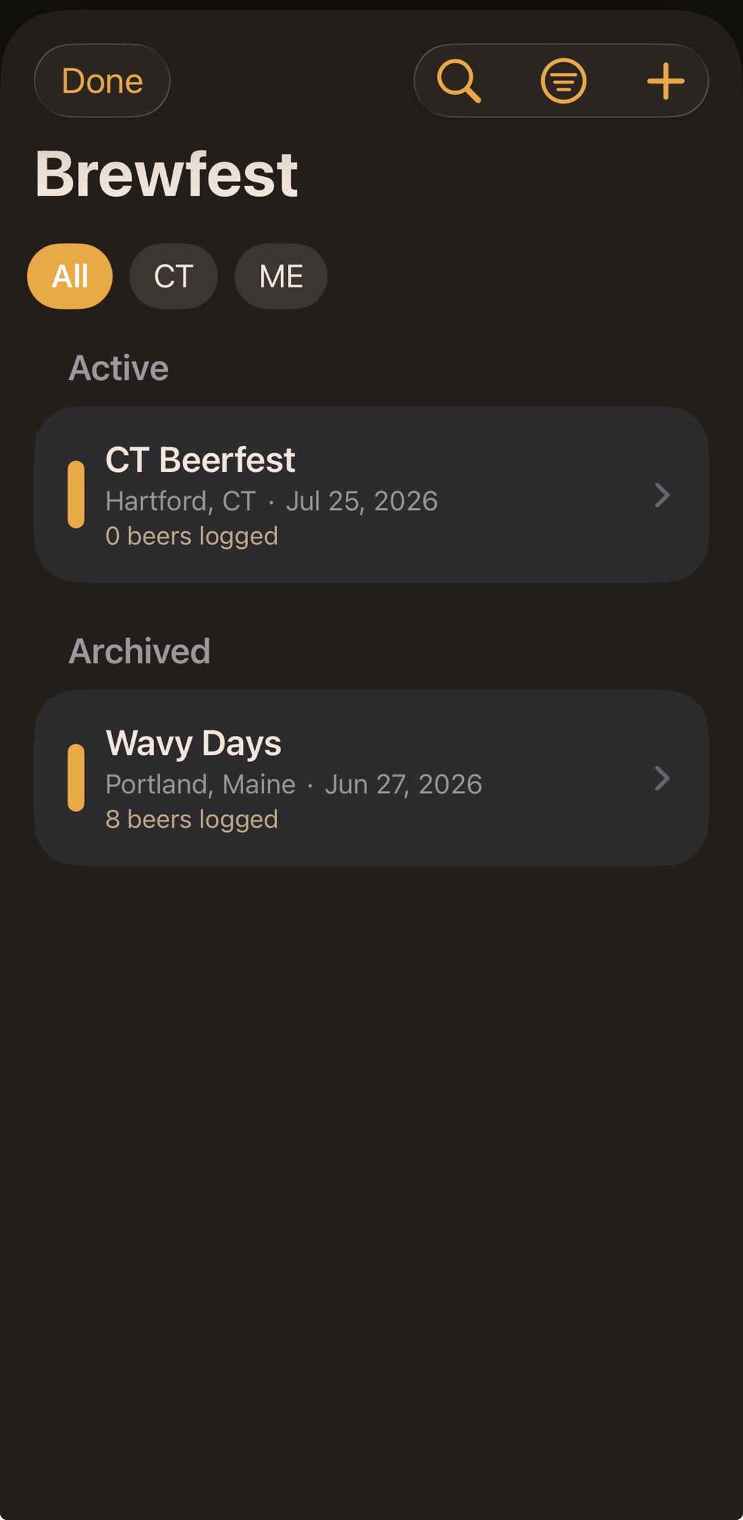 The Pintly Passport Brewfest hub, showing an active CT Beerfest and an archived Wavy Days festival with 8 beers logged.