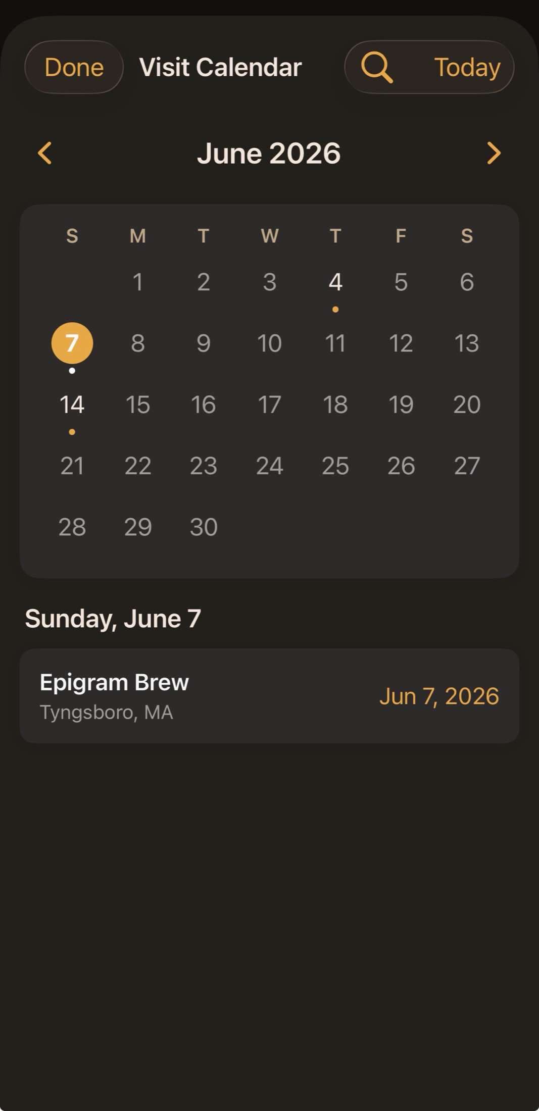 The Pintly Passport Visit Calendar for June 2026, with amber dots on the days you were out and the selected day's brewery visit listed below.
