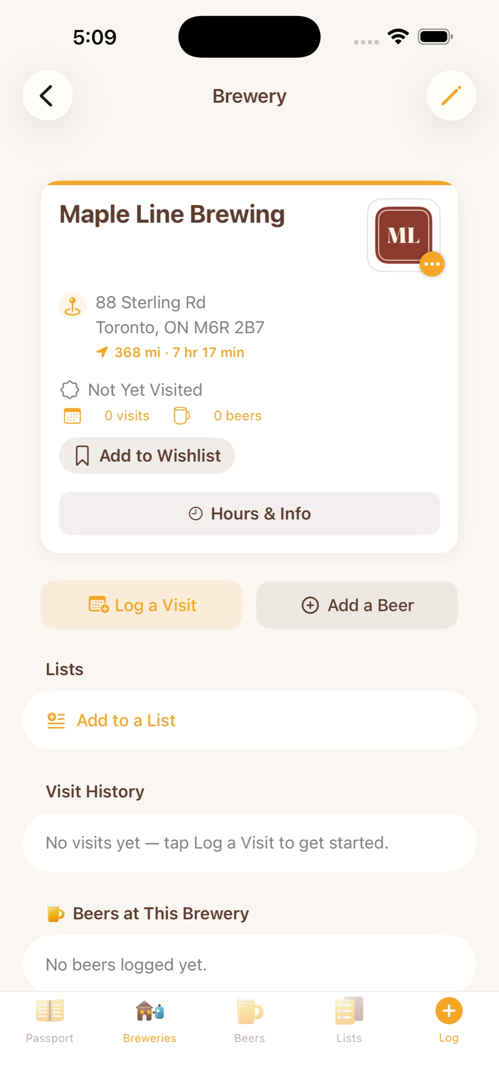 Maple Line Brewing in Pintly Passport, with a Toronto, Ontario address and postal code shown in full on the brewery page.