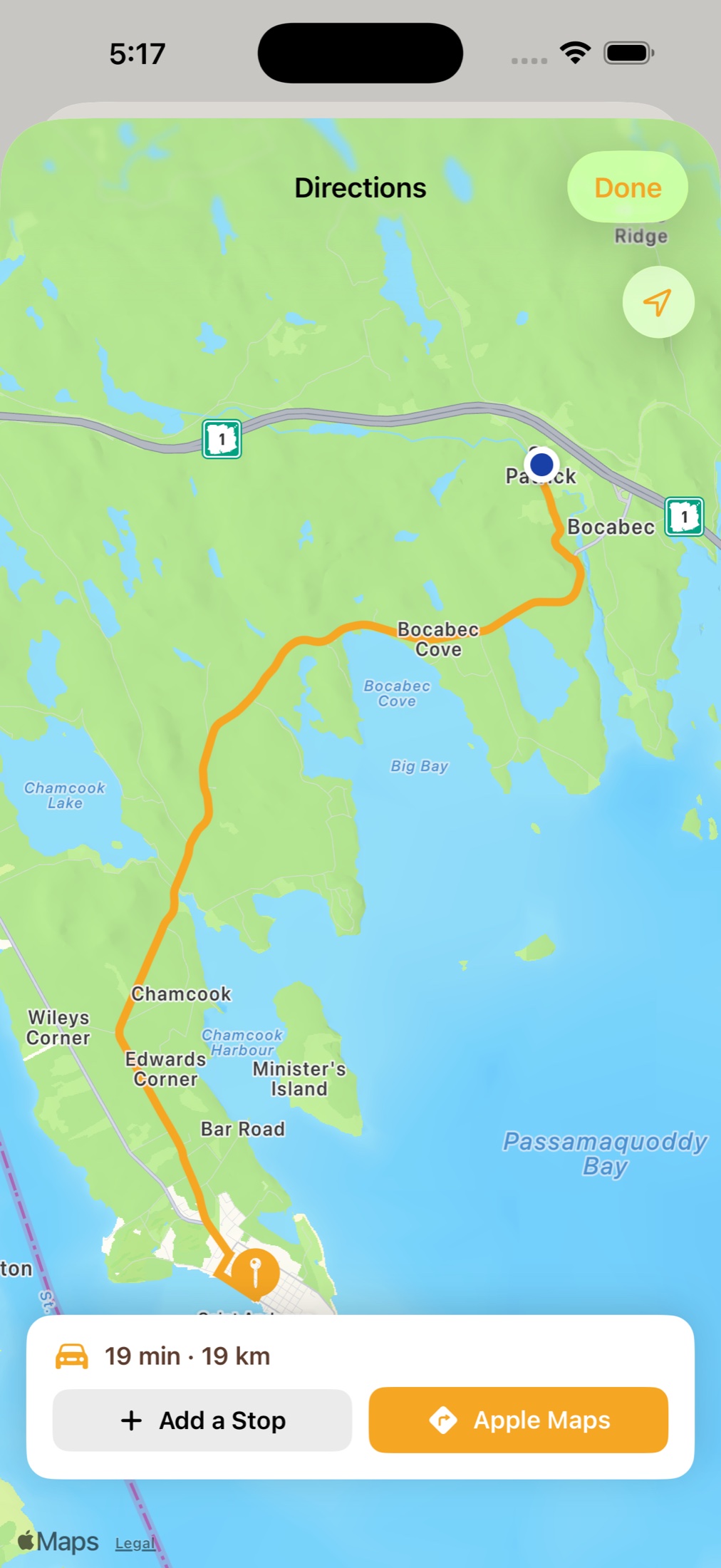 An in-app driving route along the New Brunswick coast in Pintly Passport, reading 19 minutes and 19 kilometres.