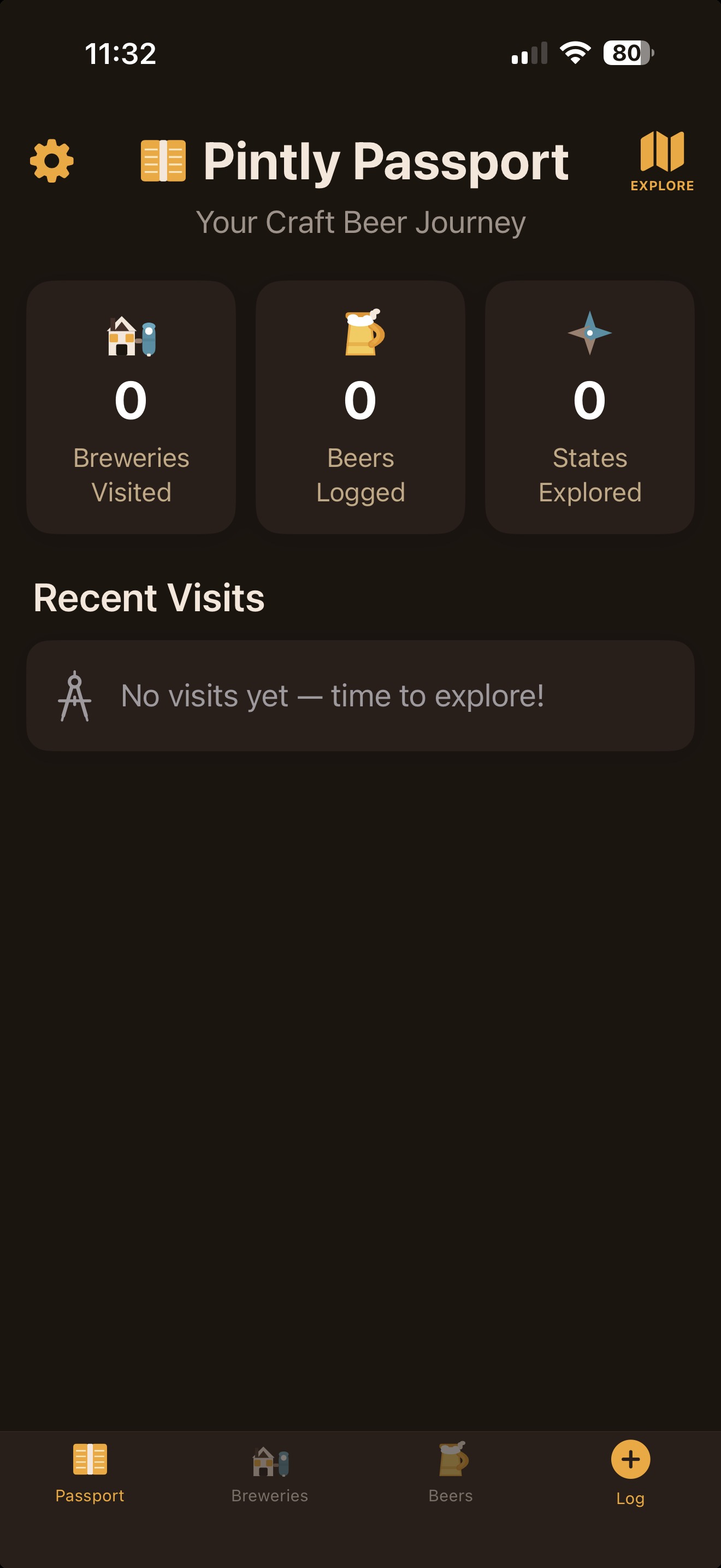 Pintly Passport home screen showing your passport stats: breweries visited, beers logged, and states explored.
