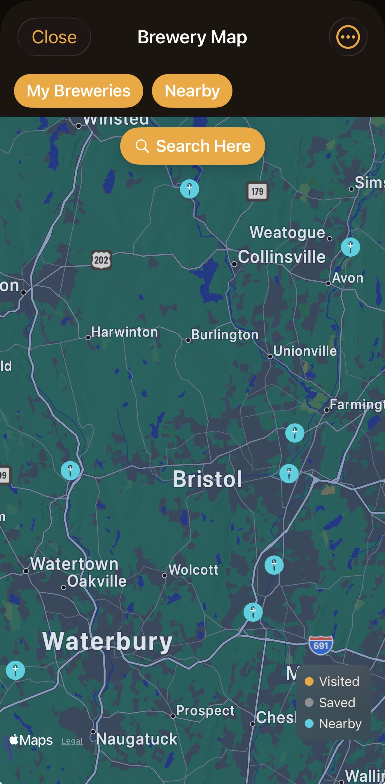 Pintly Passport brewery map showing pins for visited, saved, and nearby breweries across central Connecticut.