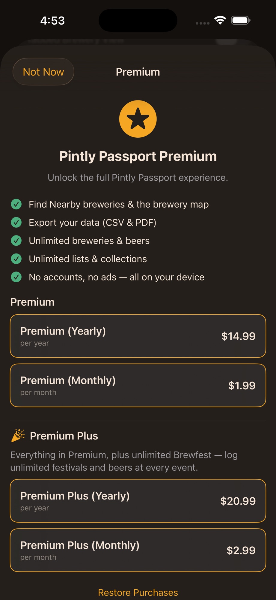 Pintly Passport subscription screen showing Premium at $14.99 a year or $1.99 a month, and Premium Plus at $20.99 a year or $2.99 a month.
