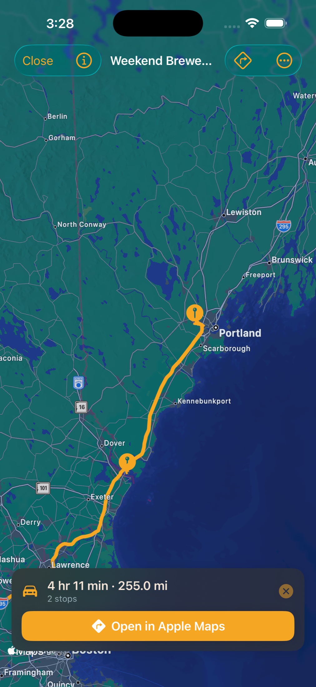 A brewery trip route drawn in amber across two stops on the map, with a summary reading 4 hours 11 minutes and 255 miles and an Open in Apple Maps button.