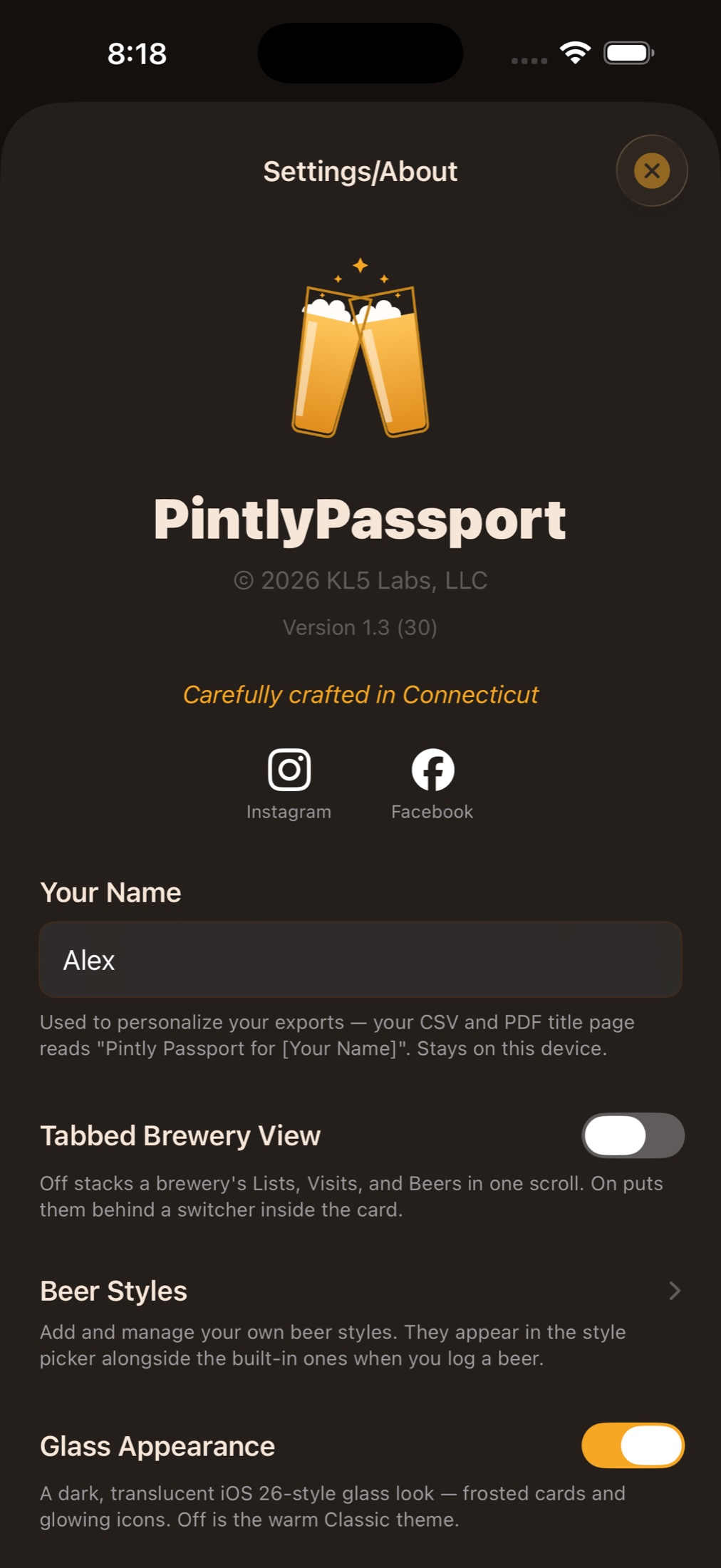 Pintly Passport settings: a name field used to personalize exports, a Tabbed Brewery View switch, a Beer Styles row, and a Glass Appearance switch, above Instagram and Facebook links.