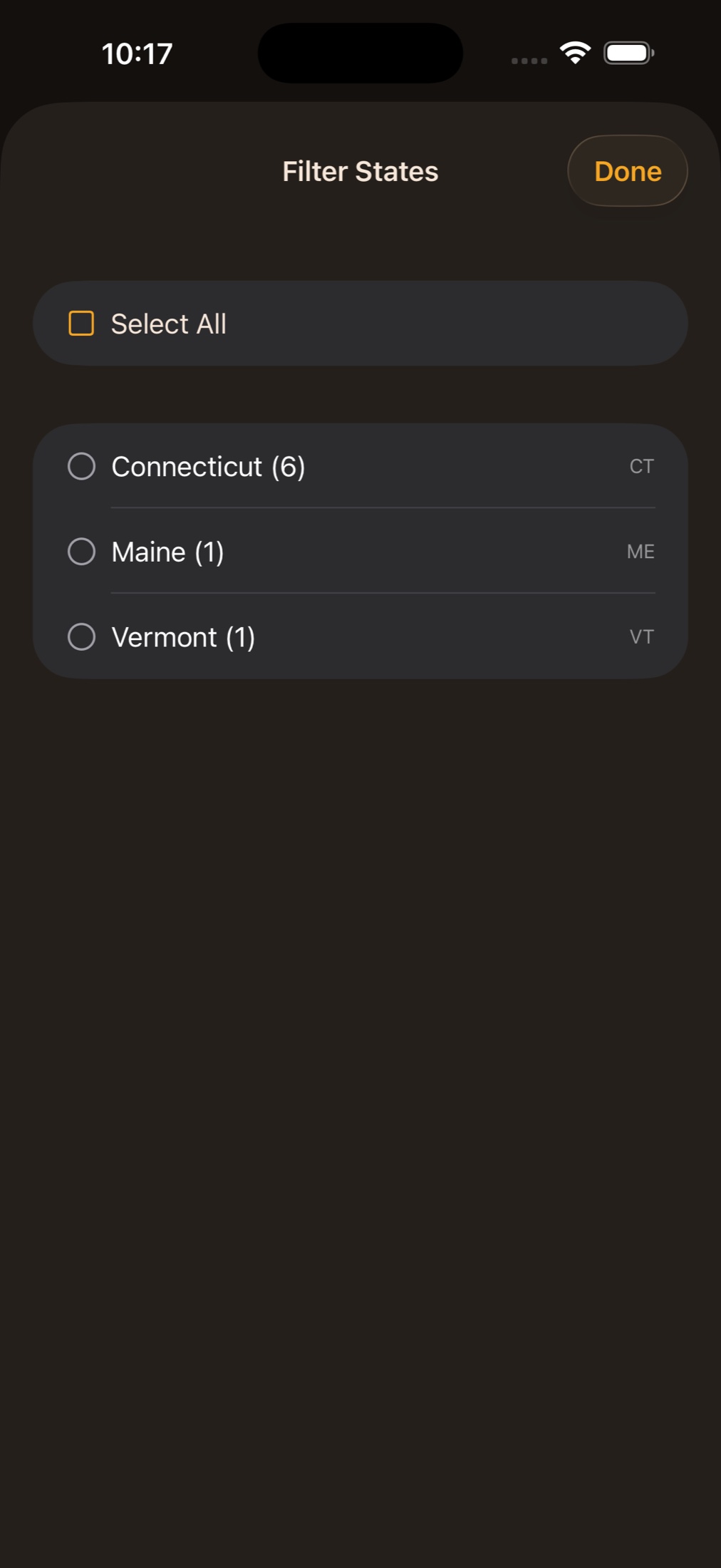The Filter States sheet in Pintly Passport, with a Select All row above Connecticut, Maine, and Vermont, each showing how many breweries you have there.