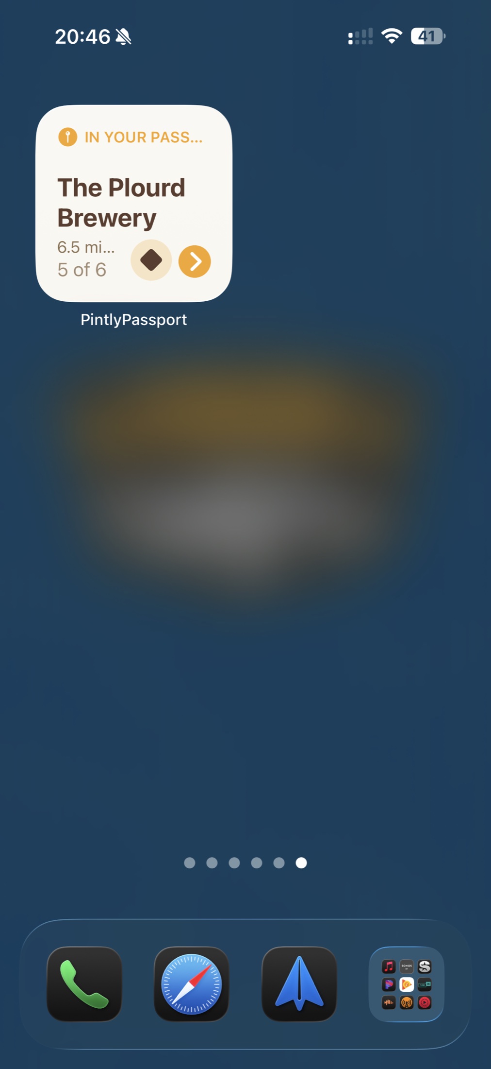 The small Breweries Near You widget on an iPhone Home Screen, showing The Plourd Brewery 6.5 miles away, already in your passport, marked 5 of 6, with buttons to step to the next brewery and to open directions.